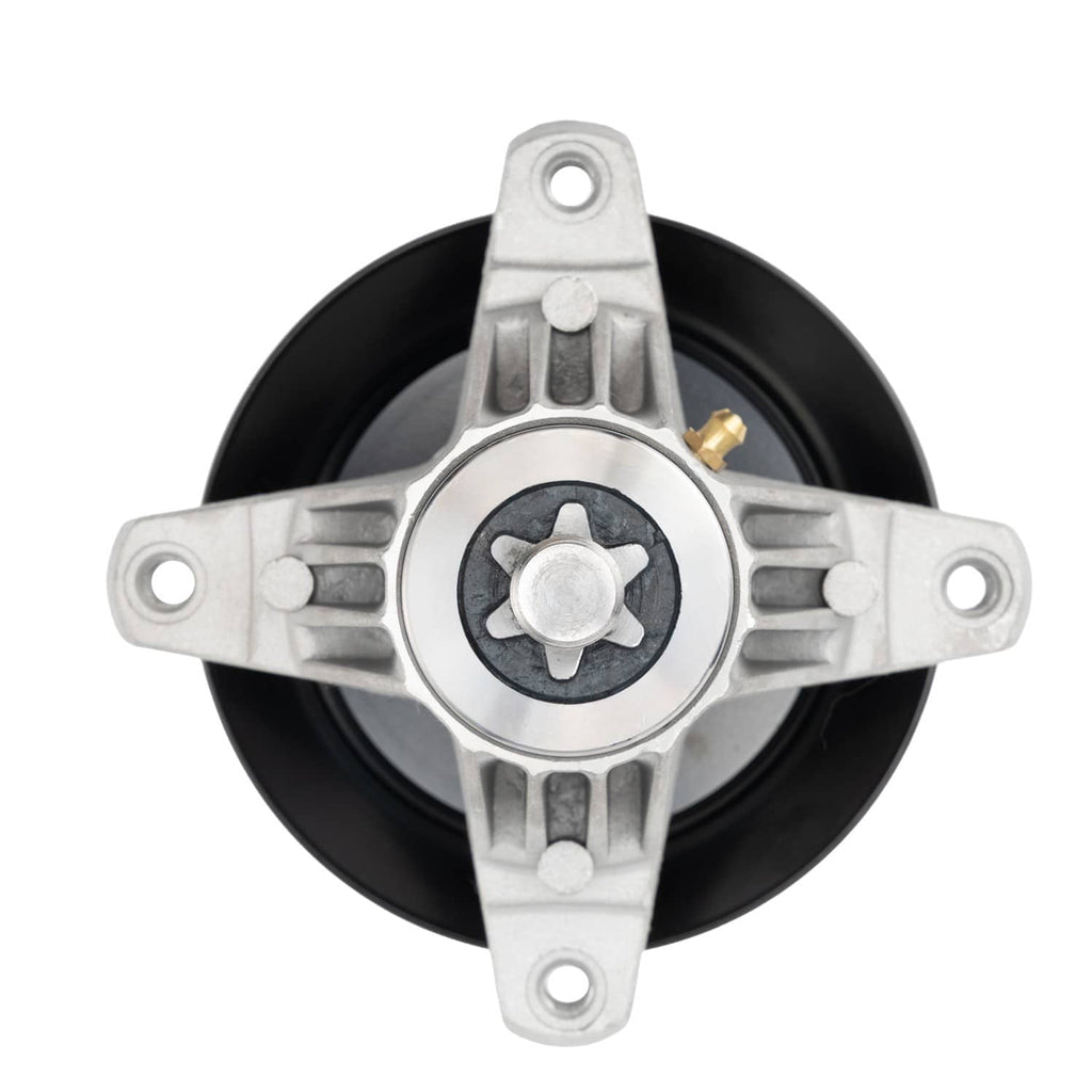 50 in deck spindle assembly with black pulley and metal mounting brackets, central gear hub