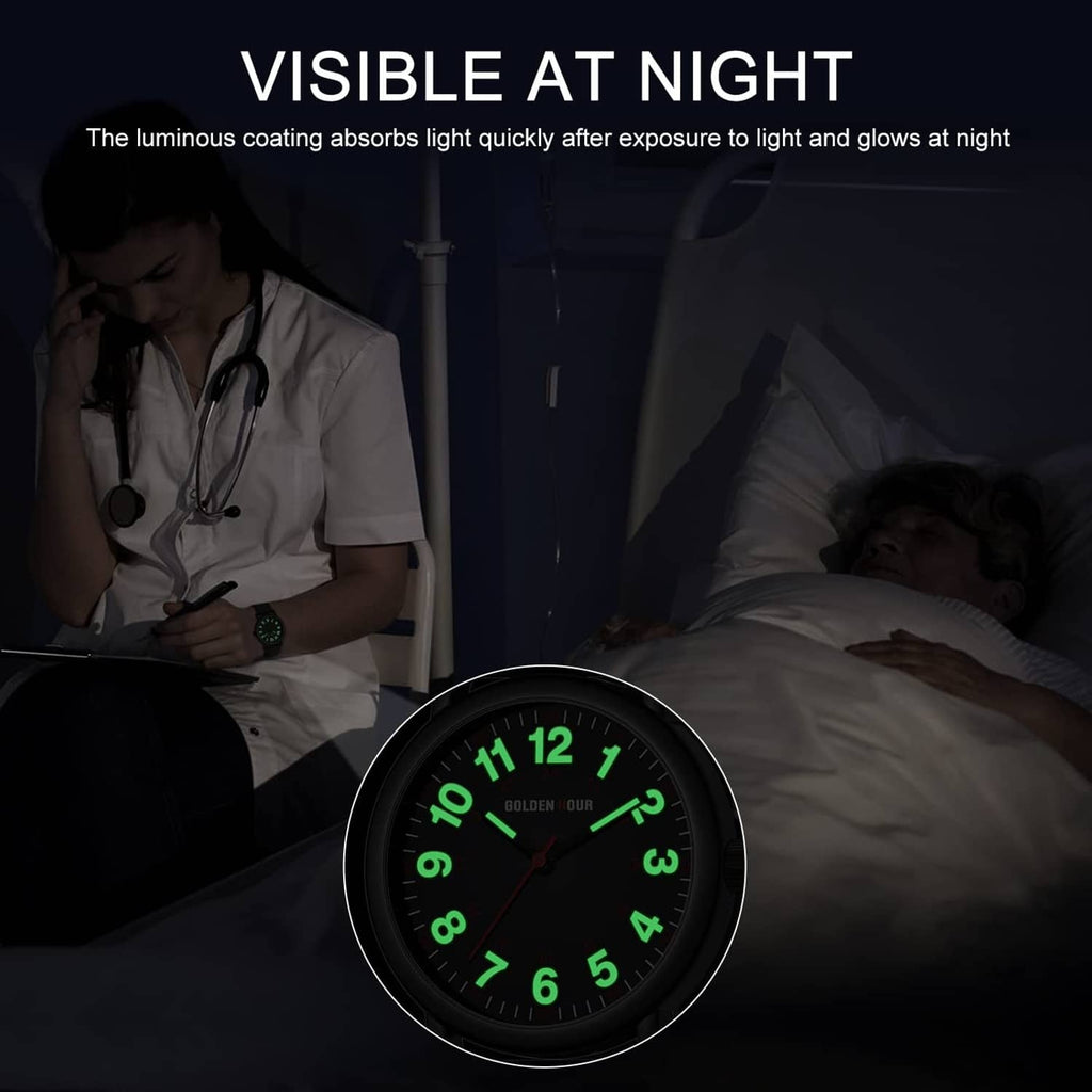 Black nurse watch displaying bright green luminous numbers on the dark dial