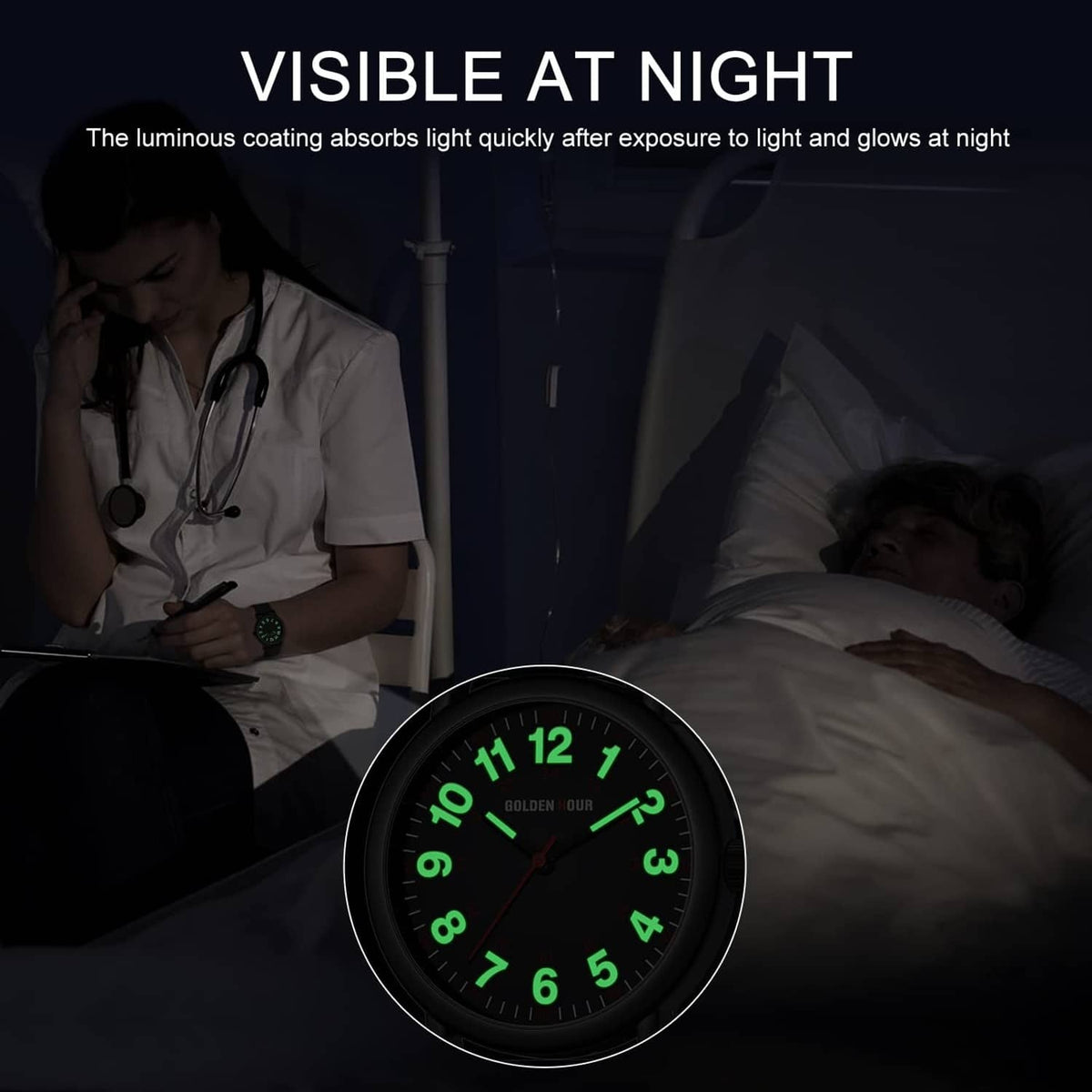 Black nurse watch displaying bright green luminous numbers on the dark dial