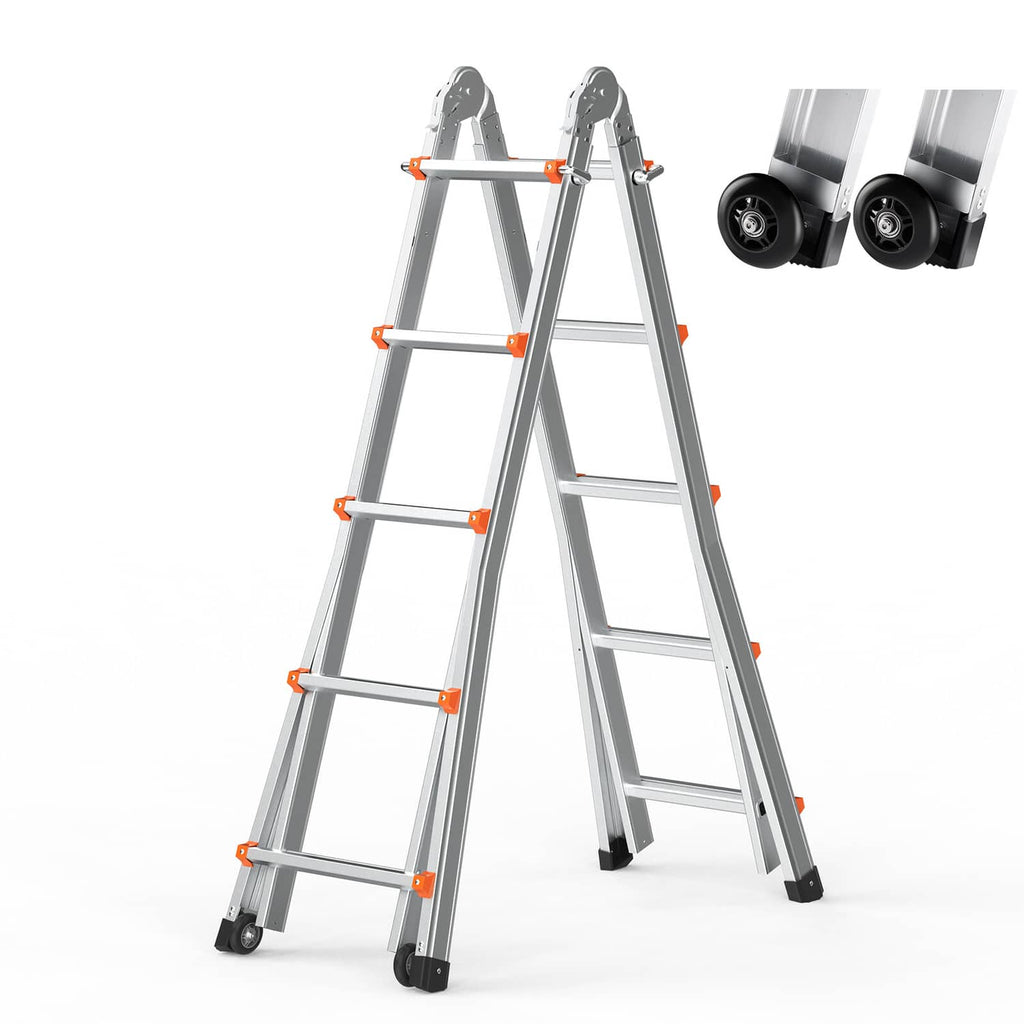 Gray A-frame telescoping extension ladder with orange safety accents and wide rungs