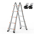 Gray A-frame telescoping extension ladder with orange safety accents and wide rungs