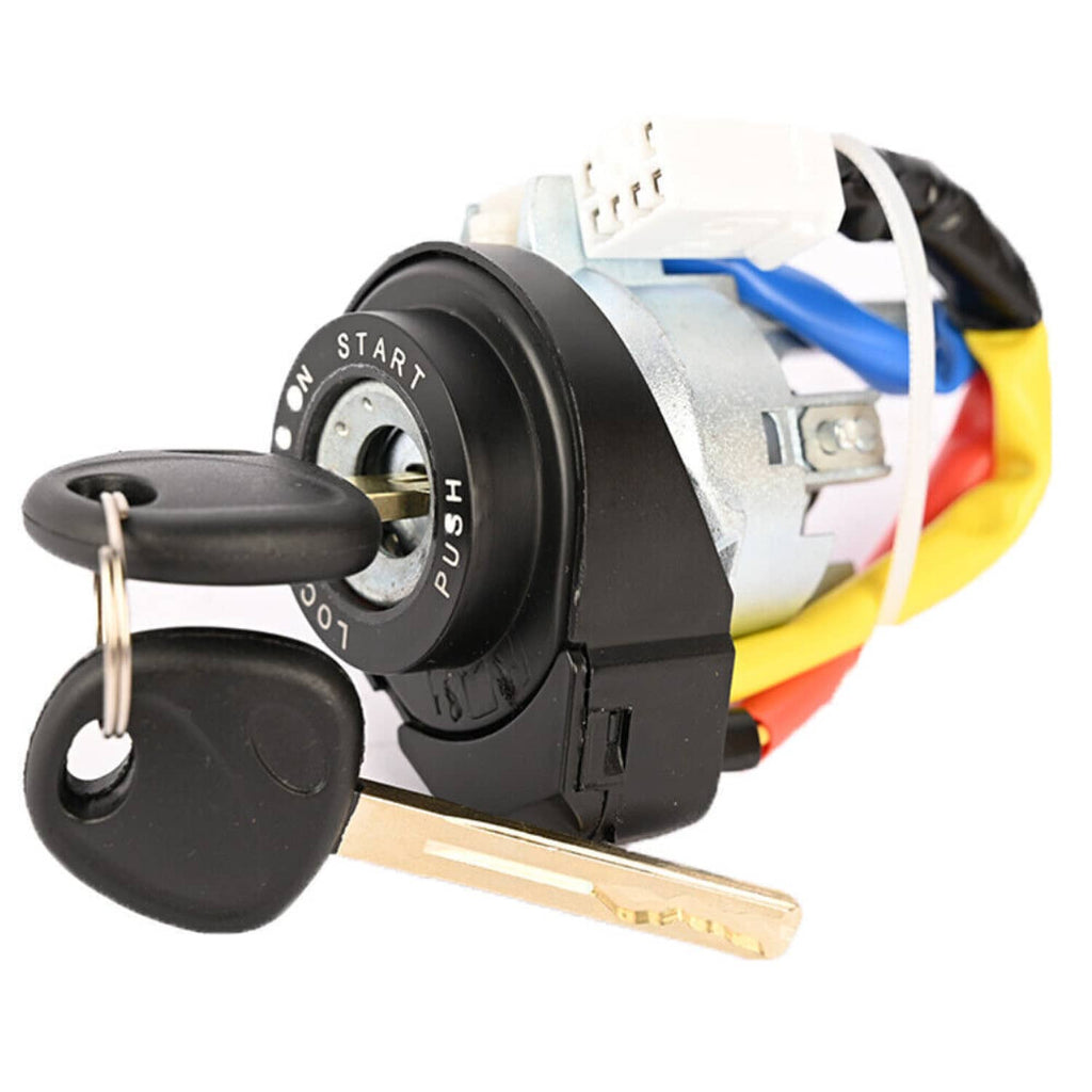 Ignition switch cylinder with two keys attached and multicolor wiring harness