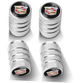 Silver textured tire valve stem covers with round black top and crest emblem