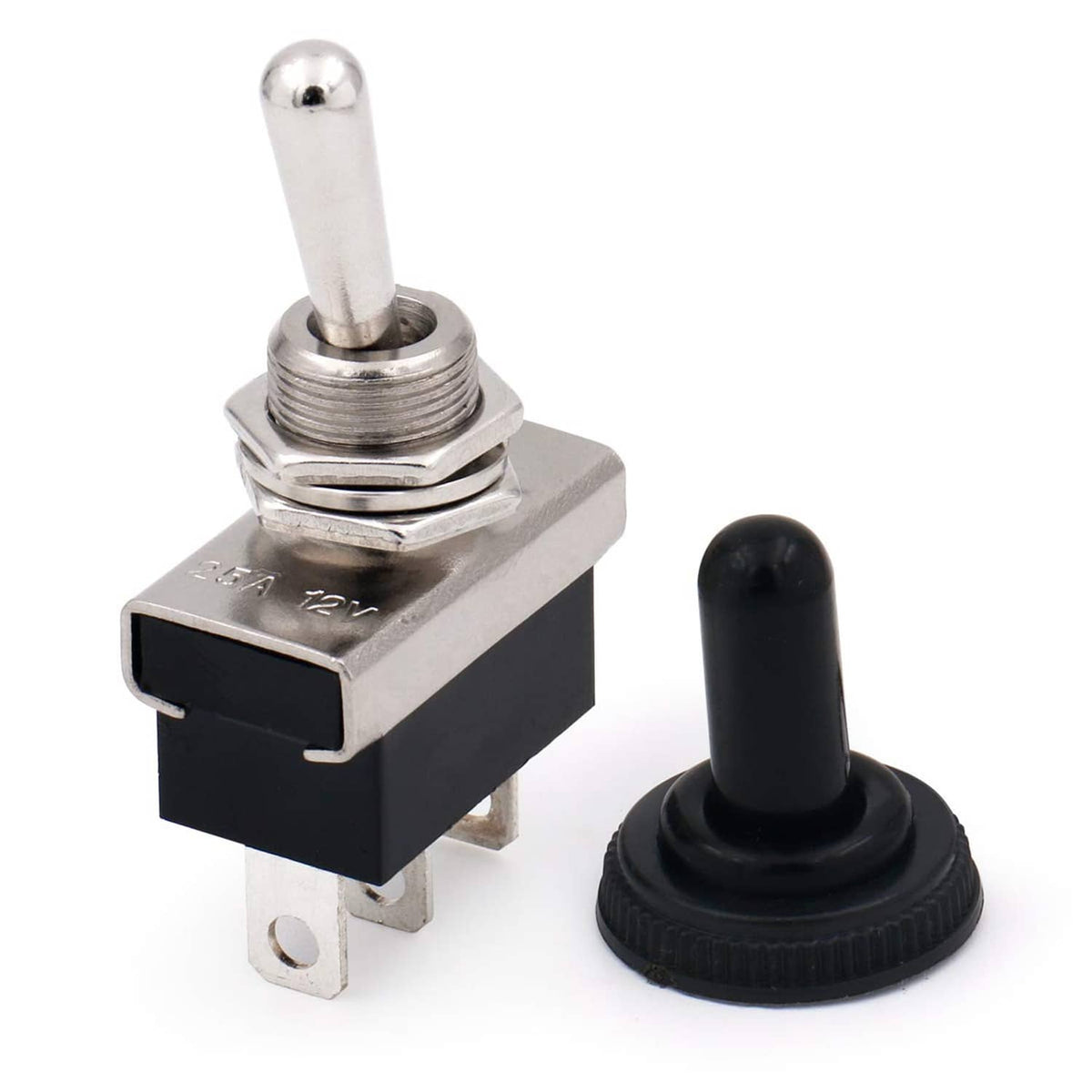 SPDT car toggle switch with black rubber knob and silver threaded bushing