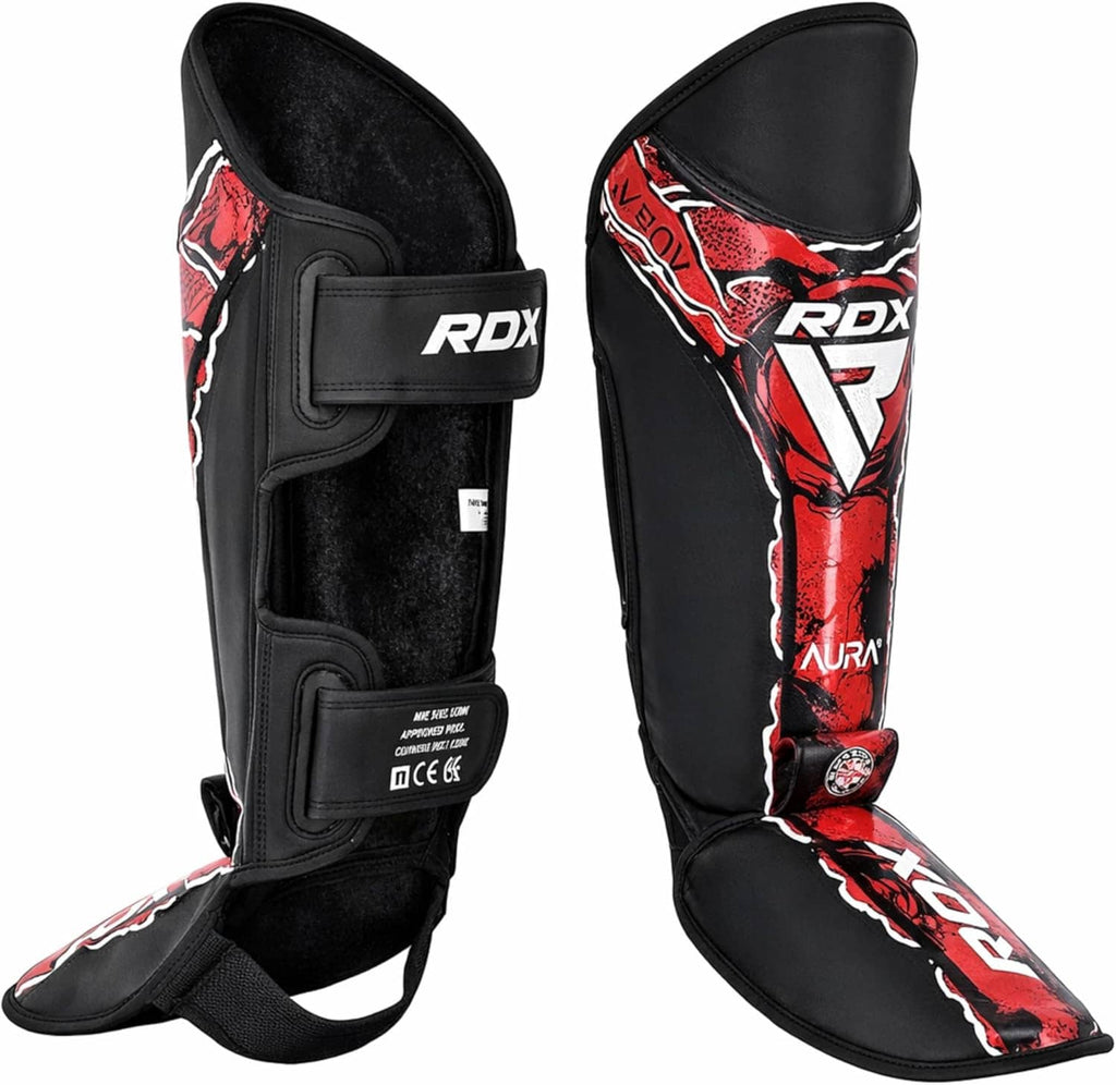 RDX shin instep pads, black pair with red graphic detailing and protective padding