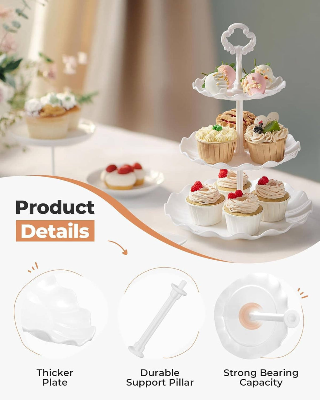 White 3-tier dessert stand holding cupcakes on scalloped plates