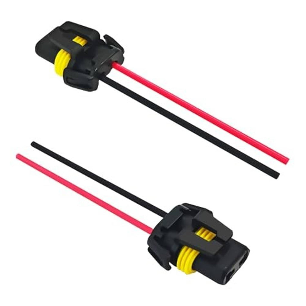 Headlight wiring harness pigtail with red/black leads and yellow-tab female connector