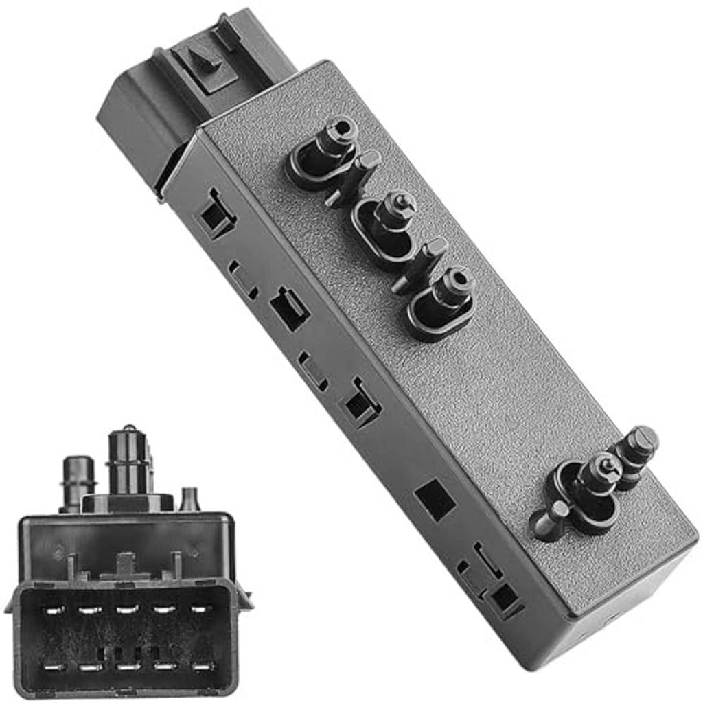 Power seat switch assembly with textured gray face and multiple rocker switches, angled