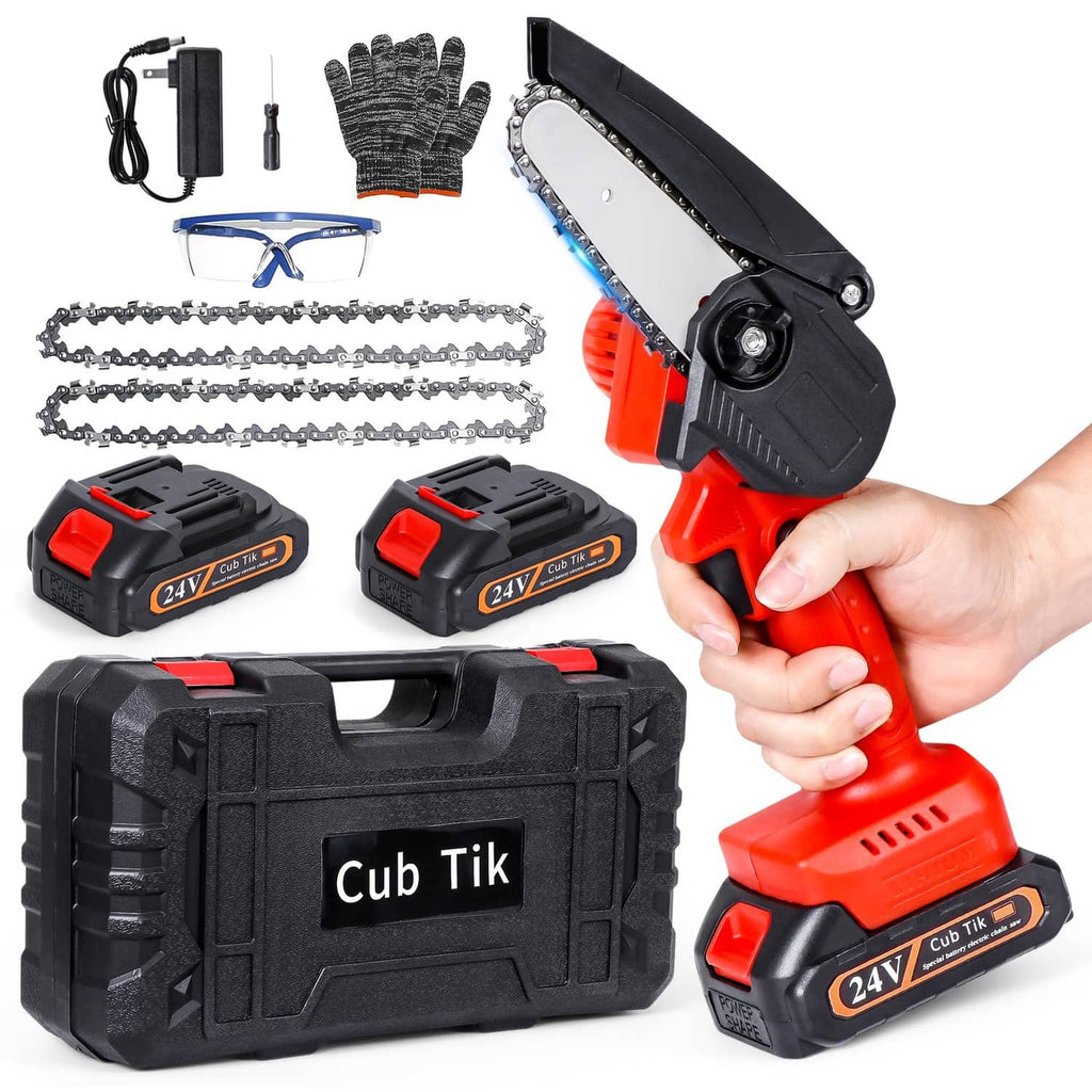 Cordless mini chainsaw kit with chains, battery packs, charger, and hard case