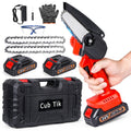 Cordless mini chainsaw kit with chains, battery packs, charger, and hard case