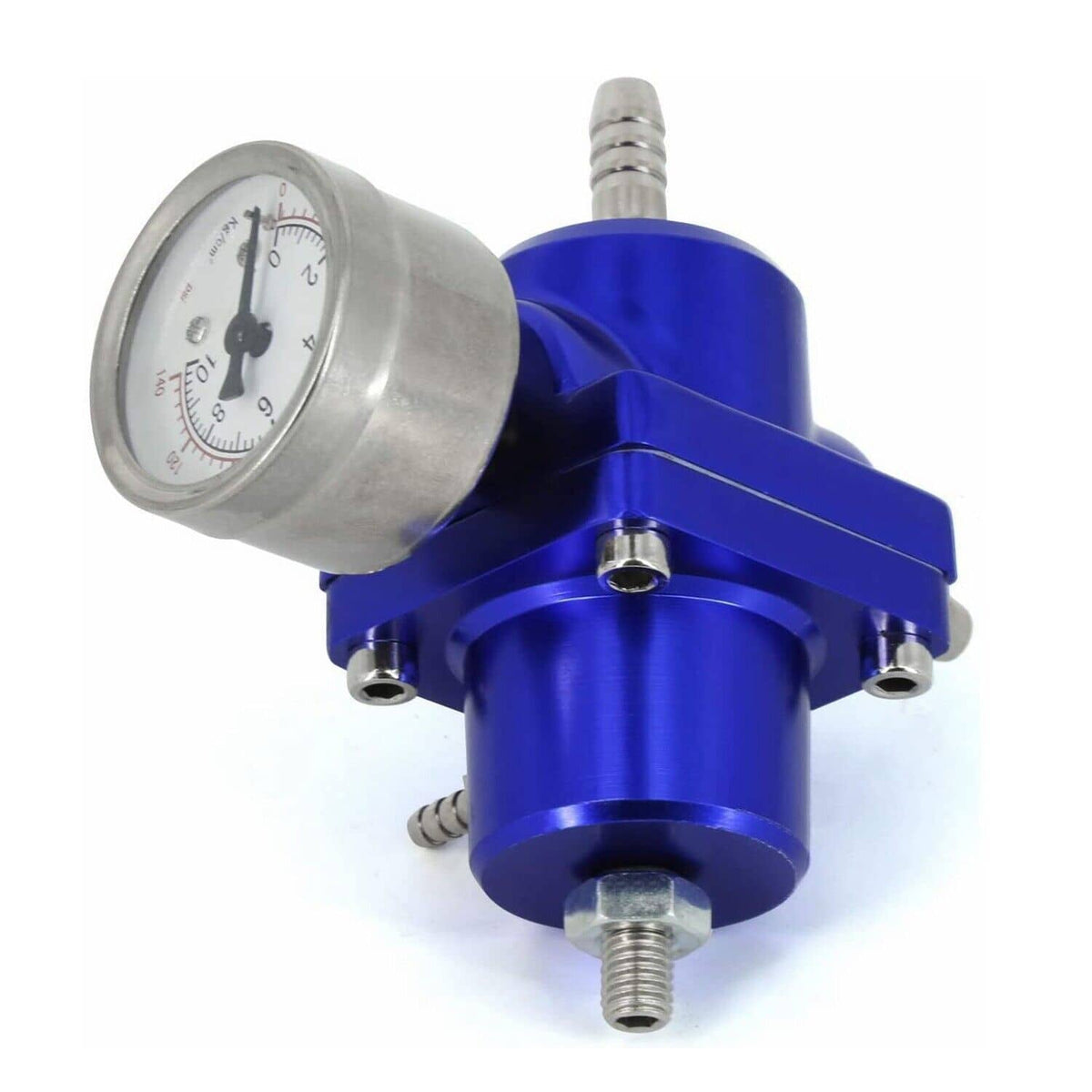 Blue aluminum adjustable fuel pressure regulator with side fittings and mounted gauge