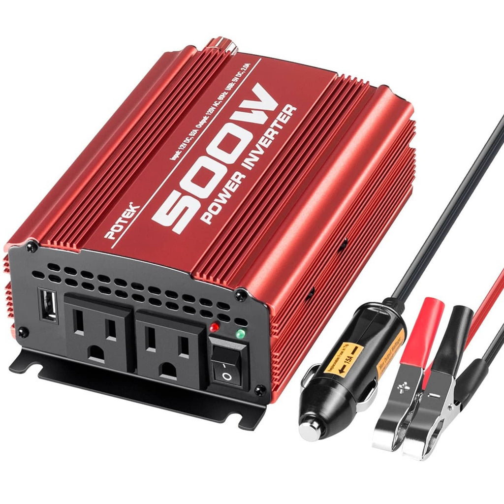 Red Potek 500W car power inverter with AC outlets, power switch, and green LED