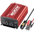Red Potek 500W car power inverter with AC outlets, power switch, and green LED