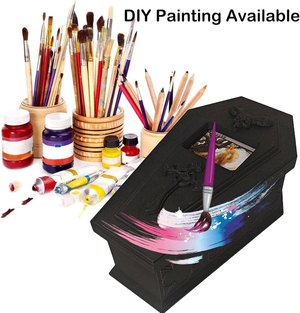 Black coffin-style deck box with open window, with paint tools nearby for DIY painting