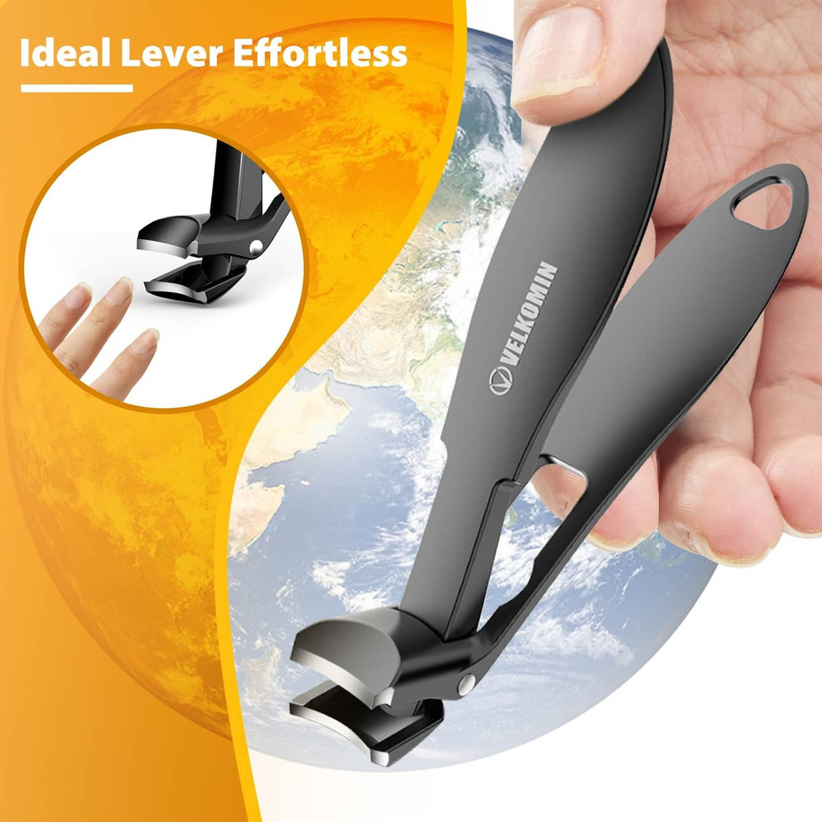 Black long-handled toenail clippers with angled, curved head for precise cutting.