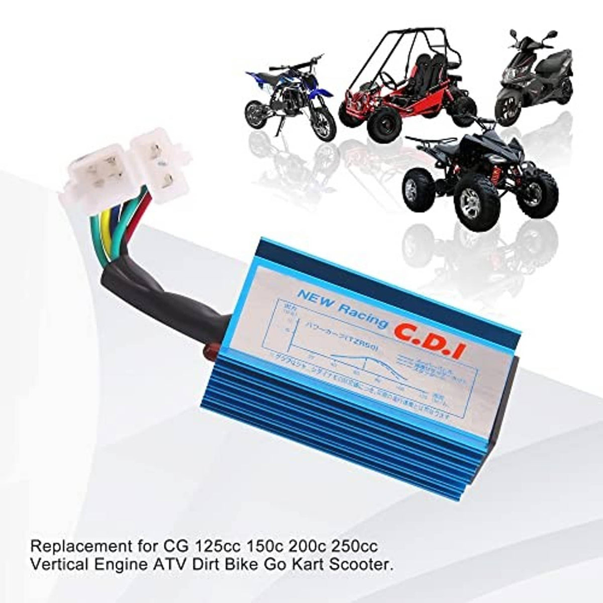 CDI ignition box with wire harness, shown with compatible ATV and dirt bike silhouettes