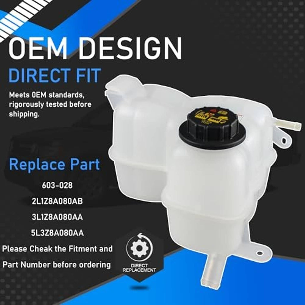 White coolant overflow reservoir tank with black cap and metal mounting ear brackets