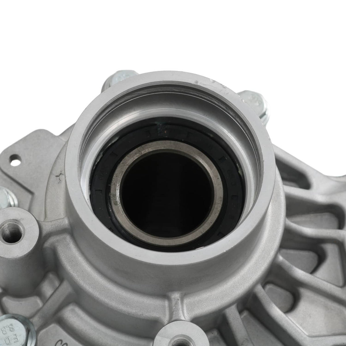 Close-up of transfer case input opening and surrounding metal housing