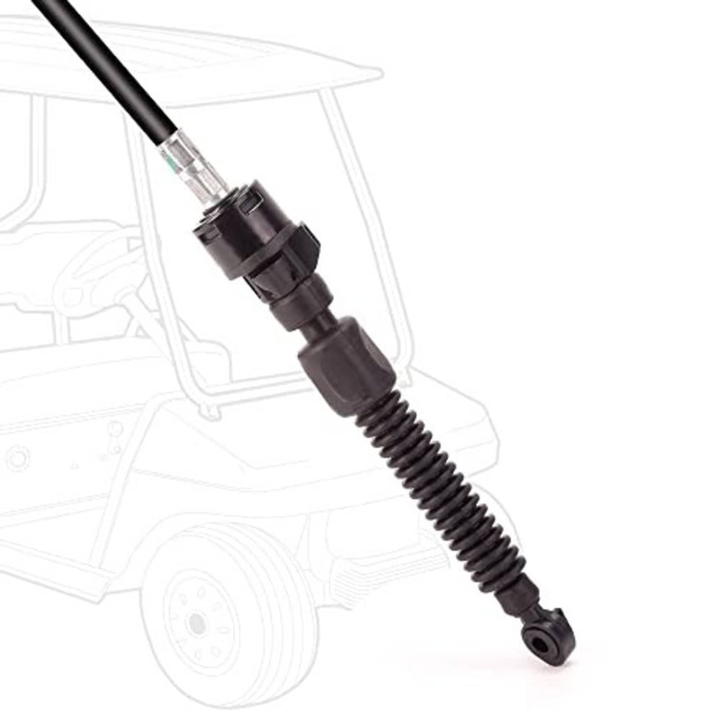 Close-up golf cart shift cable with black connector and coiled spring segment