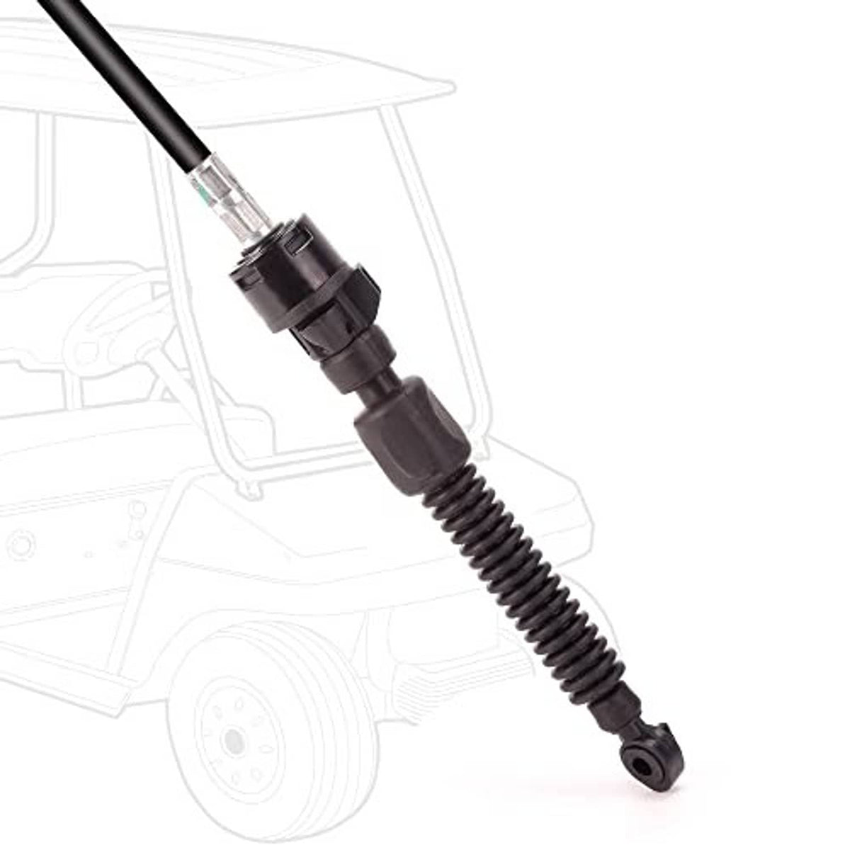 Close-up golf cart shift cable with black connector and coiled spring segment
