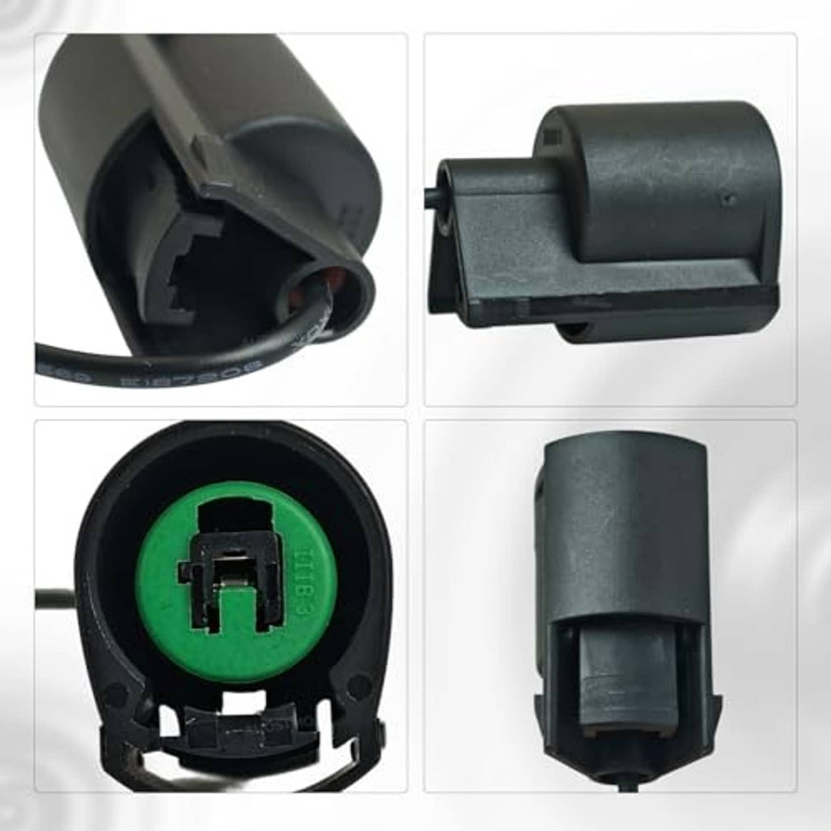 AC compressor connector pigtail plug shown from multiple angles with green contact interior