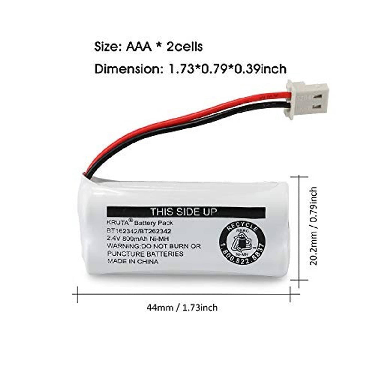 Cordless phone battery pack, red/black wire leads with 2-pin plug; size markings shown