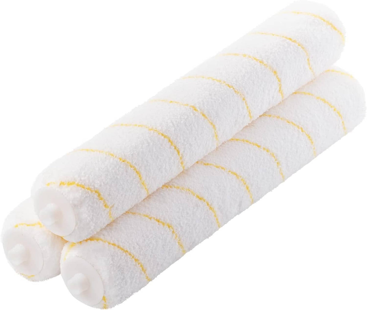 Microfiber paint roller cover close-up, white nap with yellow stripe banding along roller length