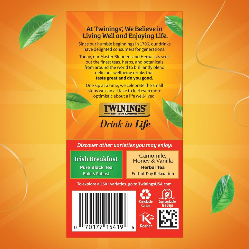 Twinings English Breakfast box back with Drink in Life details and barcode.