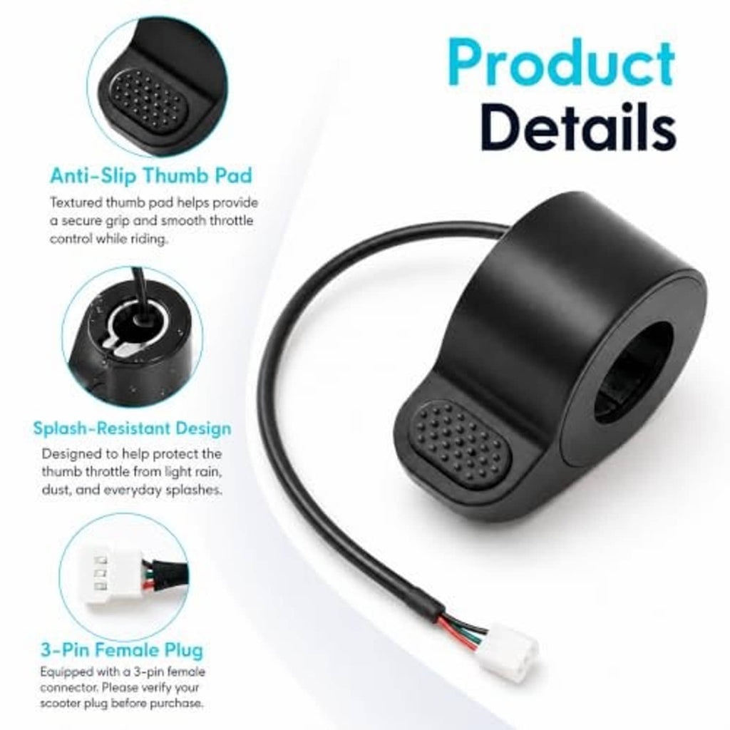 Thumb throttle replacement with textured anti-slip thumb pad and 3-pin female plug