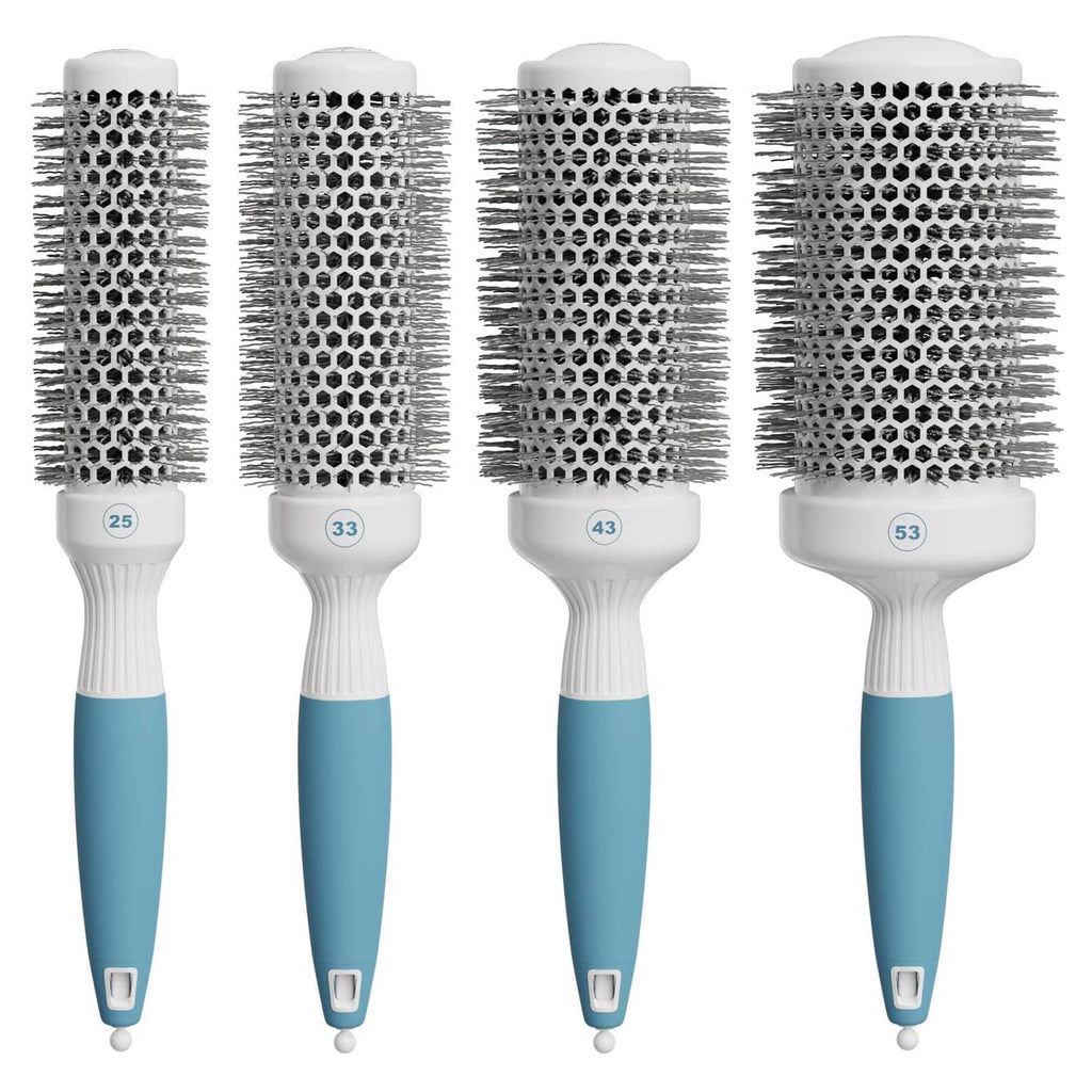 Set of 4 round ceramic hair blow-drying brushes with white handles and teal grips
