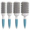 Set of 4 round ceramic hair blow-drying brushes with white handles and teal grips