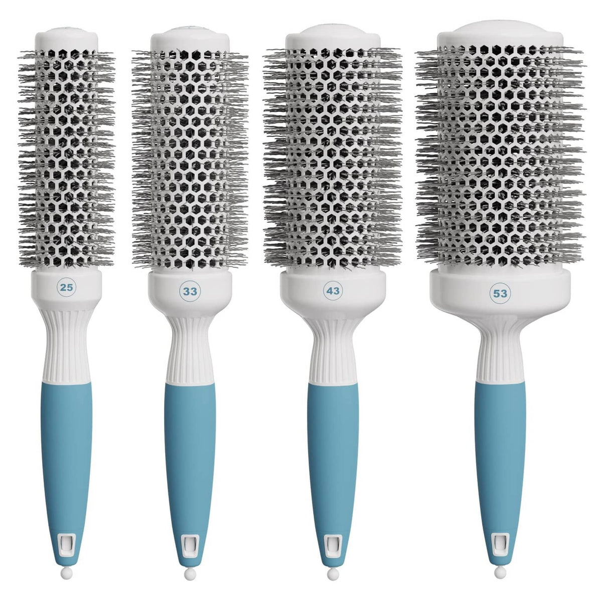 Set of 4 round ceramic hair blow-drying brushes with white handles and teal grips