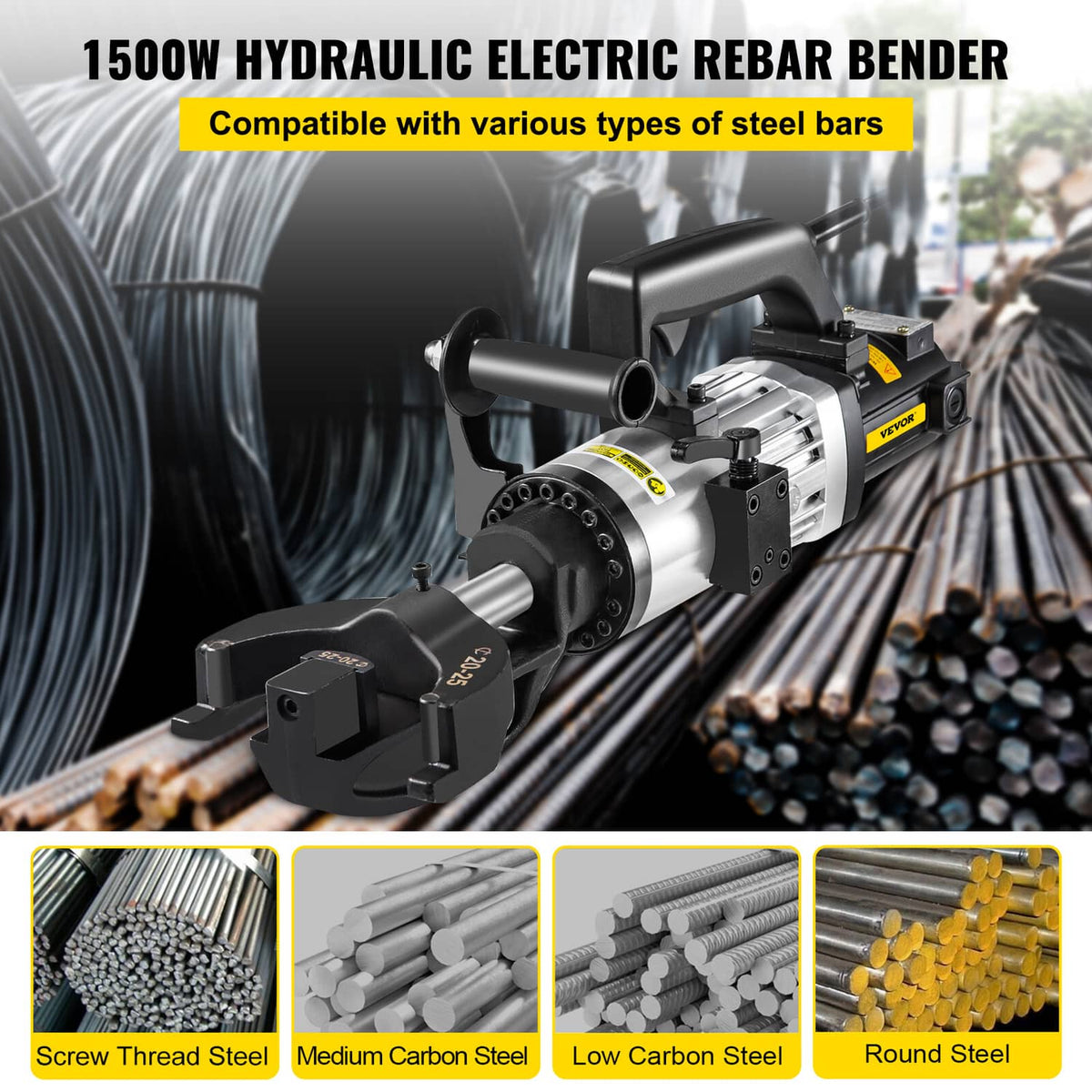Electric rebar bender with black-and-silver motor and hydraulic clamp, portable design