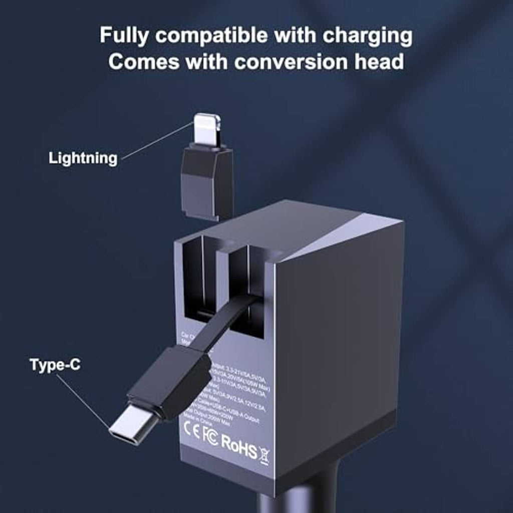 Retractable car charger with conversion heads for Lightning and Type-C connectors