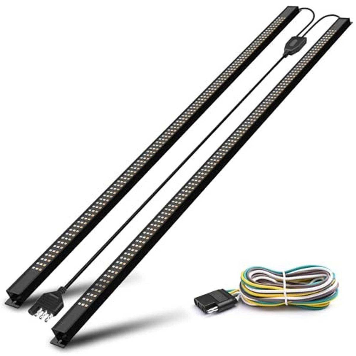 Foldable 54-inch LED light bar with black housing, power plug, and wiring harness