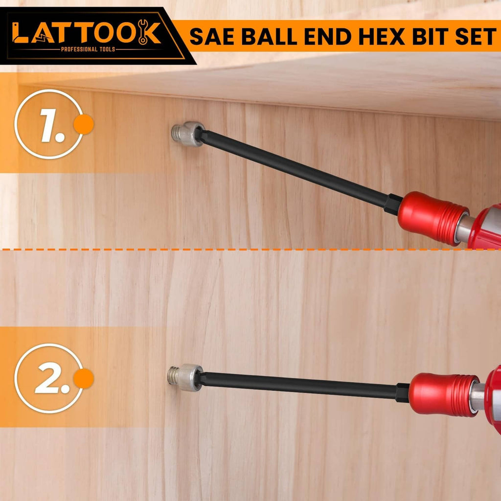 Ball-end hex bit driving a screw into wood; black shaft with red handle