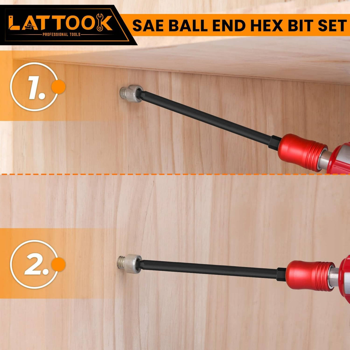 Ball-end hex bit driving a screw into wood; black shaft with red handle