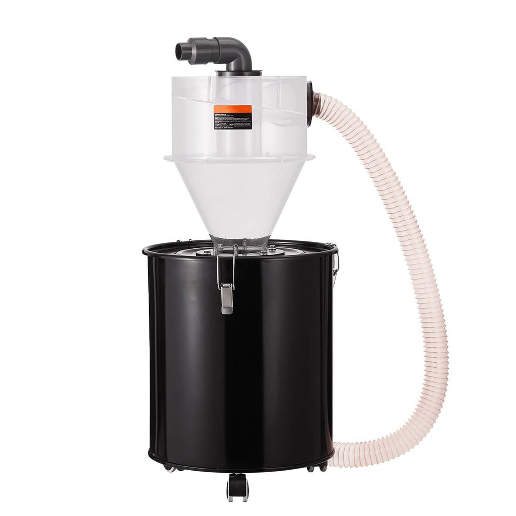 Cyclone dust separator with hose and funnel top on black tank container