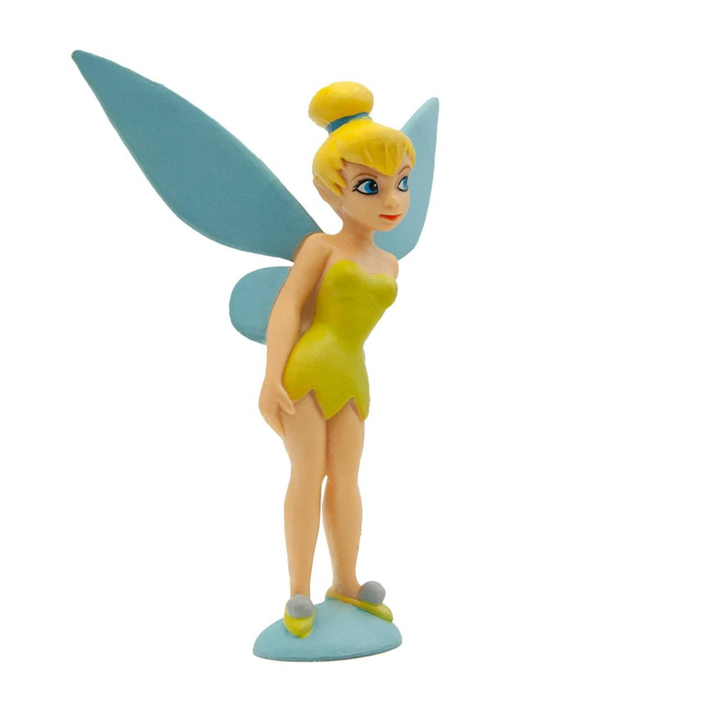 Yellow fairy toy figure with teal wings, standing on blue base