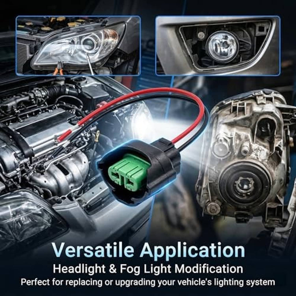 Headlight wiring harness with green connector and red/black wires in vehicle lighting