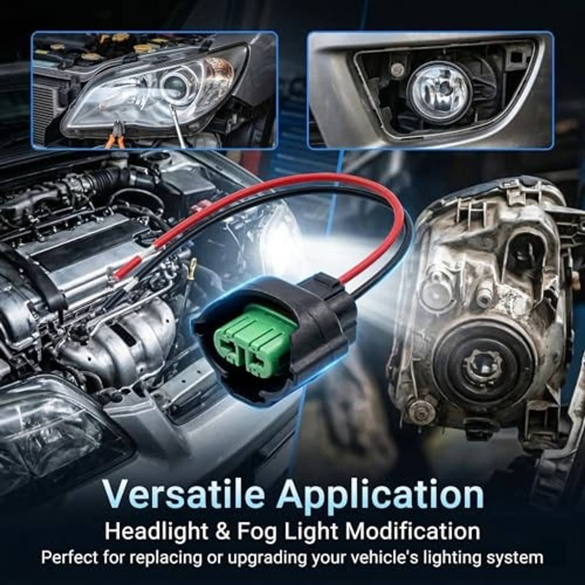 Headlight wiring harness with green connector and red/black wires in vehicle lighting