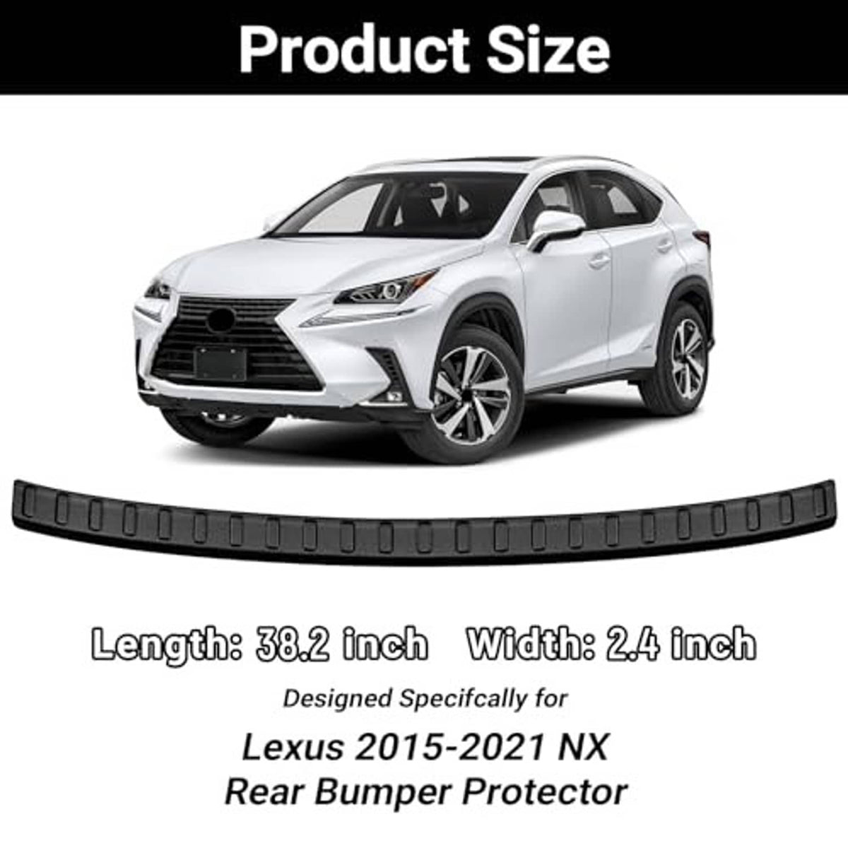 Matte black rear bumper protector strip with raised tread pattern, product size view