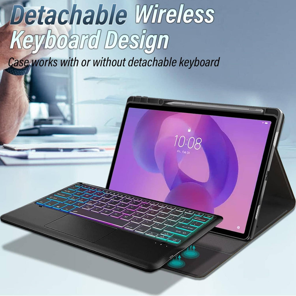 Black detachable keyboard case with touchpad, tablet propped open at viewing angle