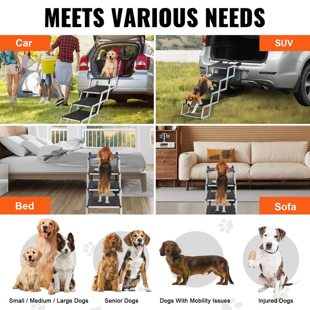 4-step folding dog stairs with aluminum frame and black textured treads for pet access