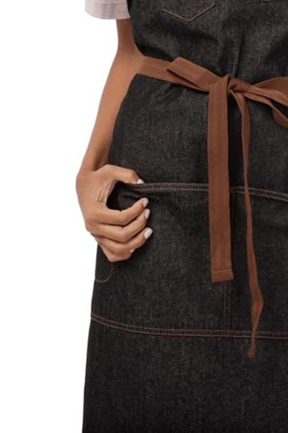 Dark bib apron midsection with front pocket seam detail and brown waist tie