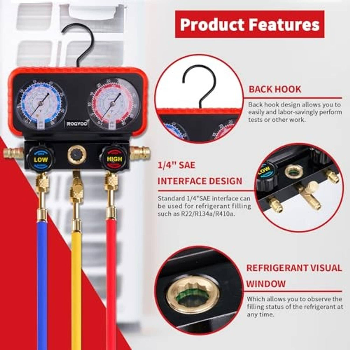 Manifold gauge set with dual gauges, brass fittings, and hanging back hook