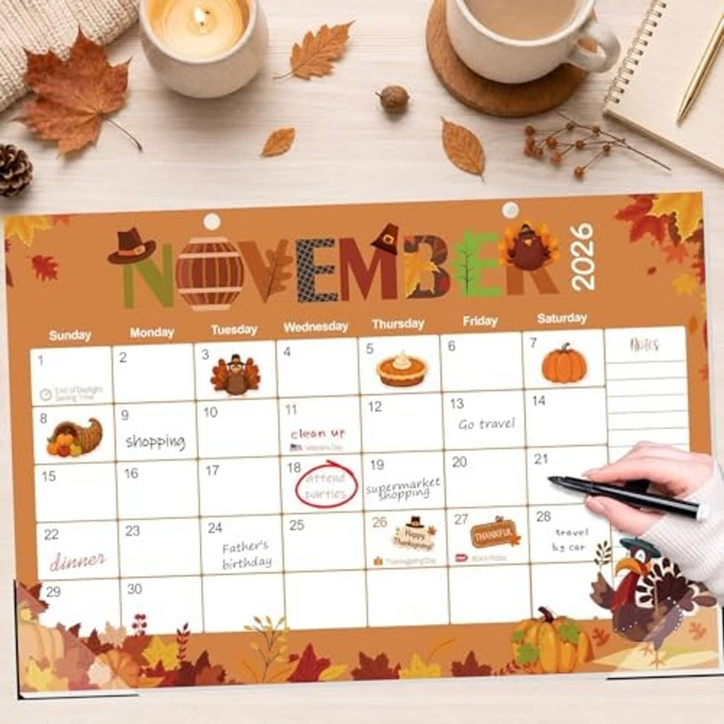 Autumn-themed 19-month desk calendar with November 2026 date grid and marker on corner