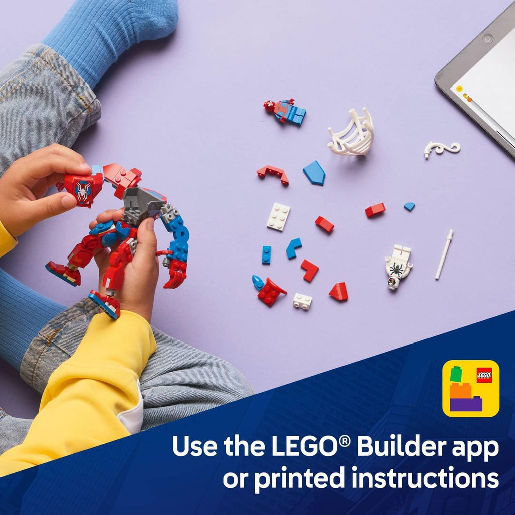 LEGO Marvel mech build with red-blue parts and white web minifigure pieces on table