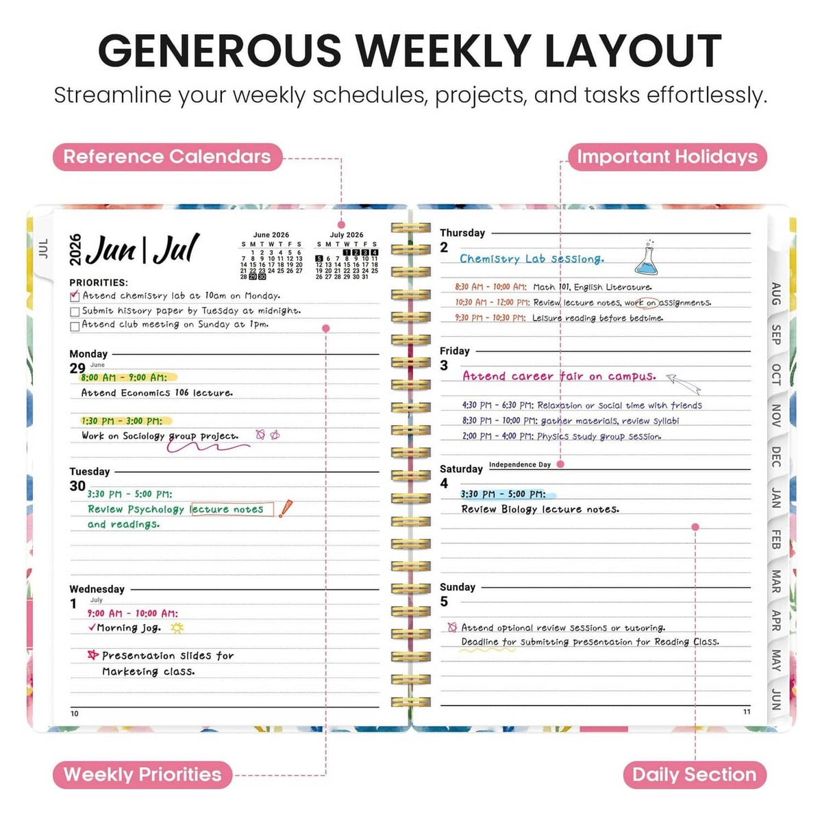 Open weekly layout planner pages with highlighted priorities and daily sections