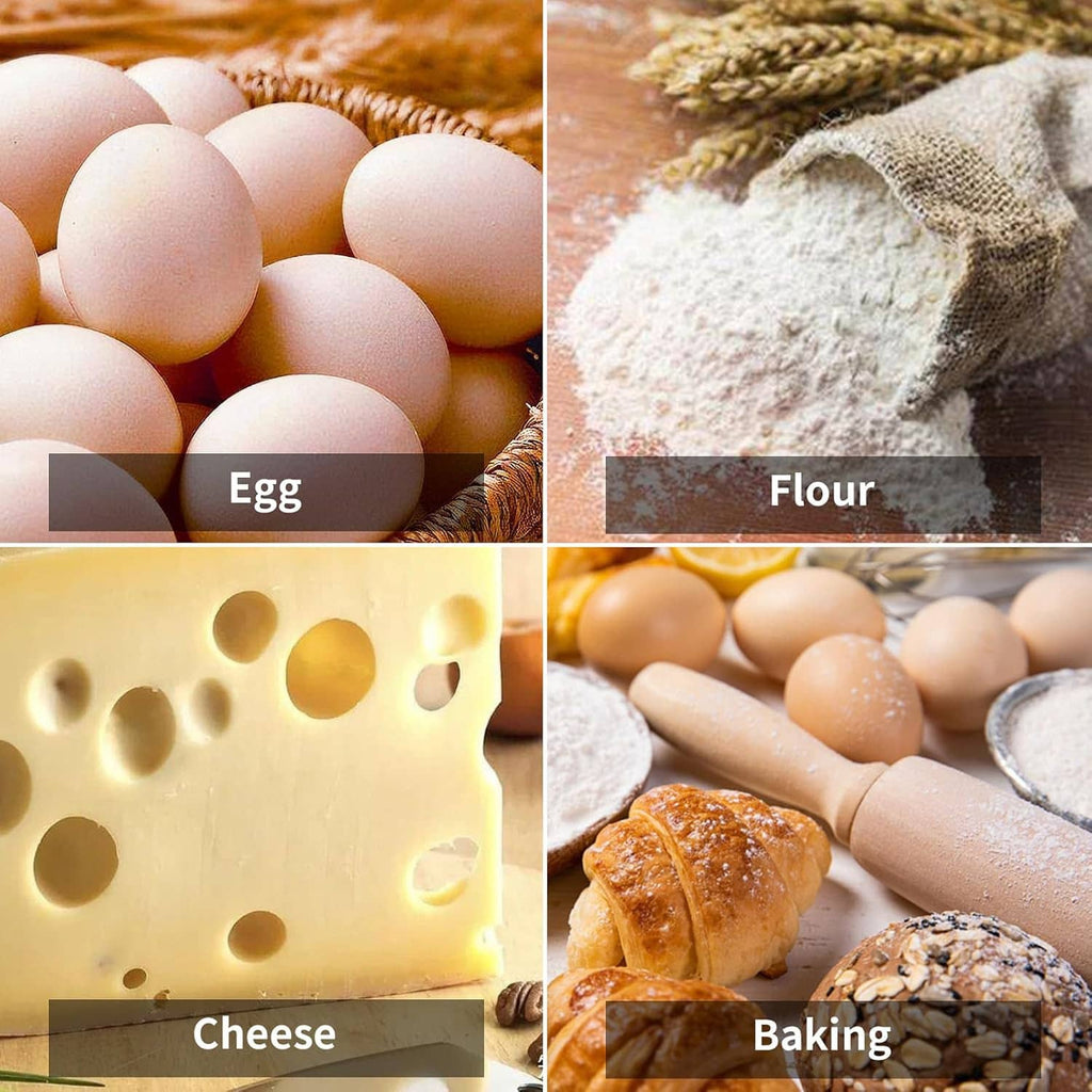 Baking ingredients collage featuring eggs, flour, cheese, and bread dough